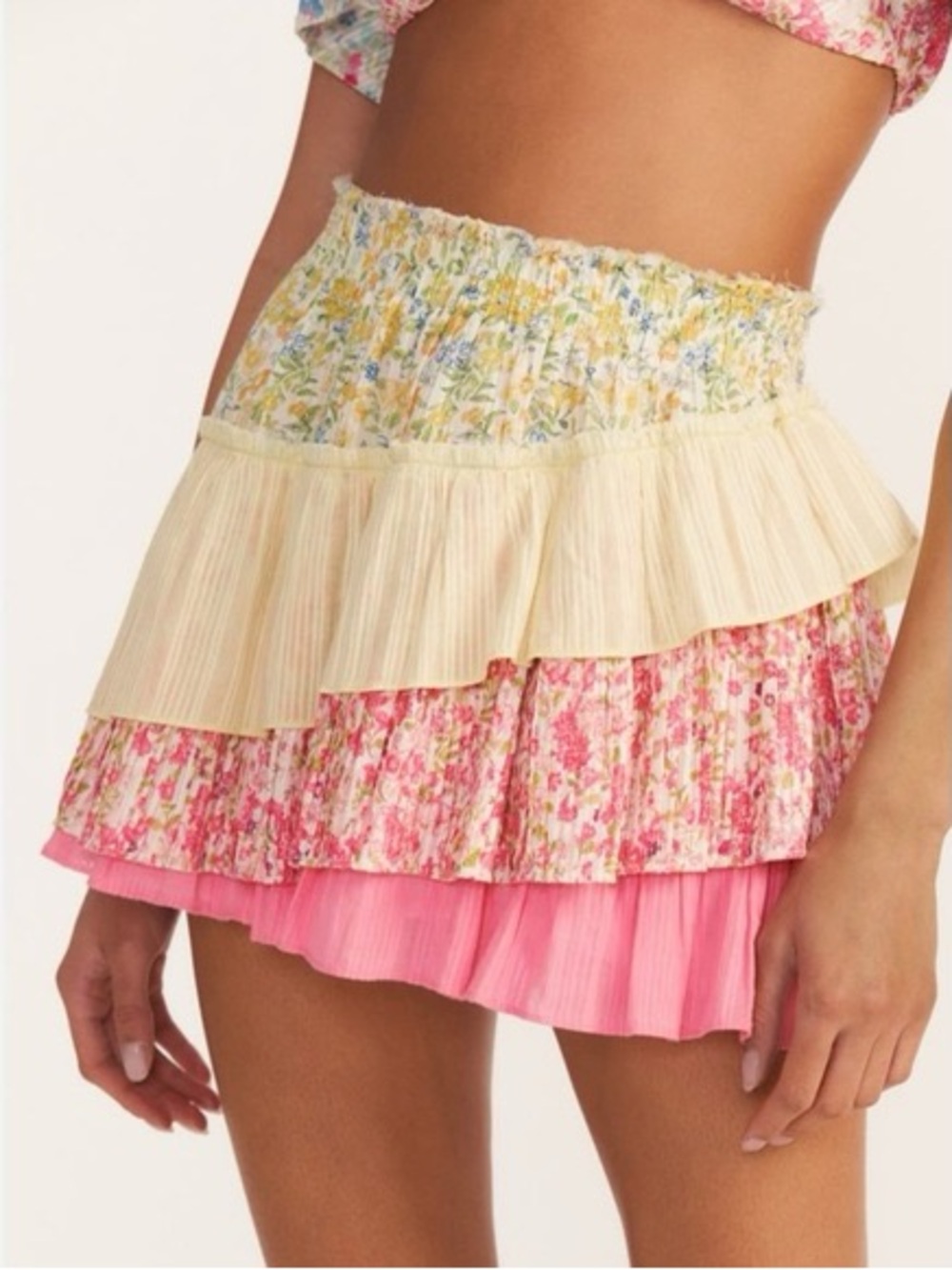 LoveShackFancy Pink and Cream Tiered Floral Mini Skirt